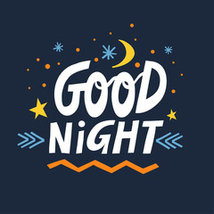 Vector hand-drawn lettering Good Night with moon, stars and snowflakes on a dark blue background