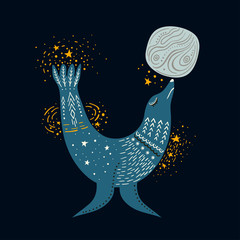 Vector childish hand-drawn illustration. Fur seal playing with the planet in space