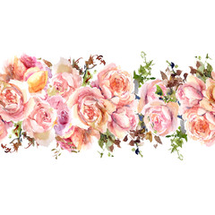 Seamless floral border.  Floral ornament. Watercolor floral greeting card. Wedding invitation with watercolor flowers. Roses. 