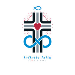 Obraz premium True Infinite Christian Belief in God, vector creative symbol design, combined with infinity eternal loop and Christian Cross, vector logo or sign.