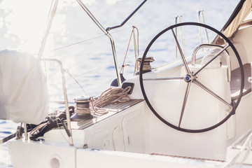 Fototapeta na wymiar Detail of sail boat yacht. Yachting, sailing, holidays, travel and active lifestyle concept