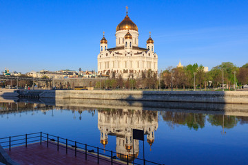 Cathedral of Christ the Saviour in Moscow on a background of Moskva river in sunny spring morning
