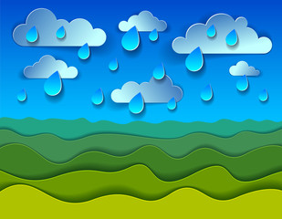 Scenic nature landscape of green grass meadow under rain drops cloudy rainy sky cartoon paper cut modern style vector illustration.
