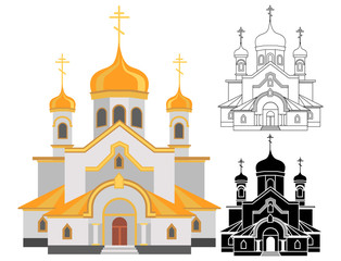 Cartoon image of christian church with gold design line and shape art