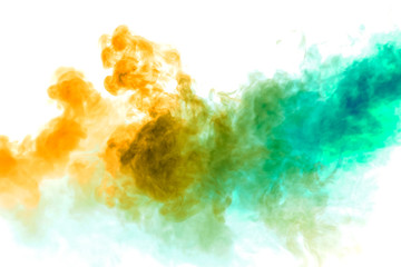 Colorful steam exhaled from the vape with a smooth transition of color molecules from yellow to...