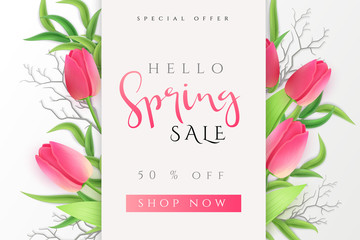 Vector illustration of spring promotion banner template with hand lettering label - spring - with realistic tulip flowers