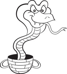 Black and white illustration of a cobra coming out of a basket.