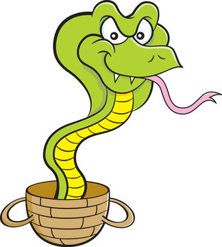 Cartoon illustration of a cobra coming out of a basket.