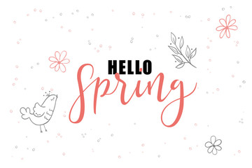 Naklejka na ściany i meble vector hand lettering hello spring greetings label with doodle hanging baubles and flowers