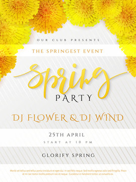 Vector spring party poster with lettering, lilac flowers and doodle branches