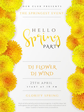 Vector spring party poster with lettering, lilac flowers and doodle branches