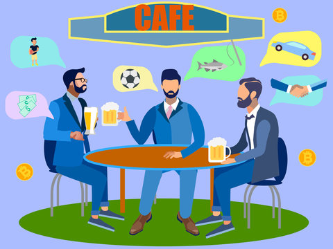 Friends at the bar drink beer. They talk on mens topics. In minimalist style. Flat isometric vector
