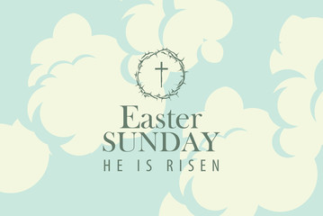 Vector Easter banner or card with words Easter Sunday, He is risen on the background of blue sky with clouds