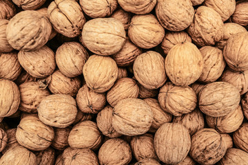 Top down view, whole walnuts displayed on food market in Kyrenia, Cyprus.