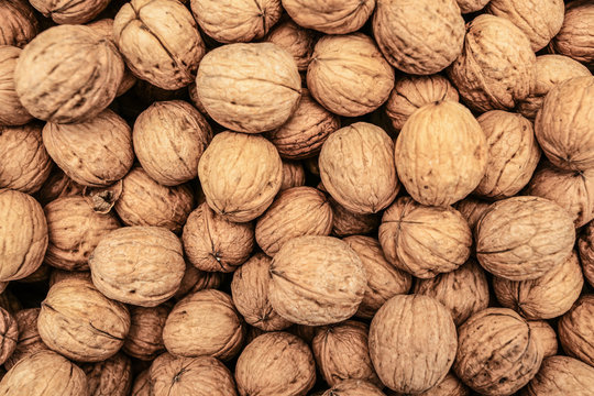 Top Down View, Whole Walnuts Displayed On Food Market In Kyrenia, Cyprus.