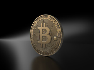 Golden Bitcoin isolated on black background. 3D Rendering.