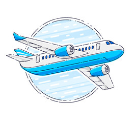Airlines air travel emblem or illustration with plane airliner and round shape. Beautiful thin line vector isolated over white background.