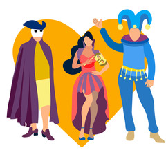 Fototapeta premium Carnival party icons set with people wearing costumes flat isolated vector