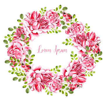 Watercolor tropical wreath with peony flowers and roses, eucalyptus leaves. Illustration