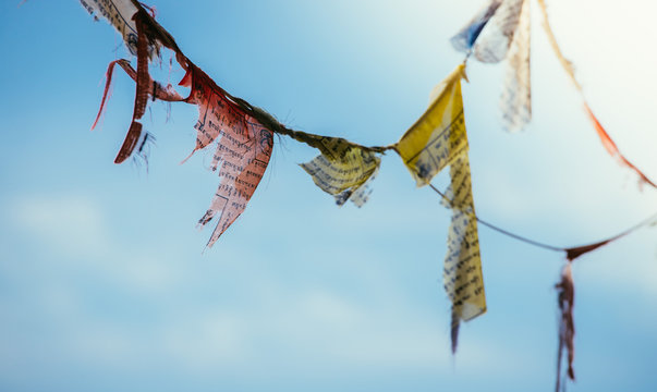 Tibetan prayer flag, blue sky