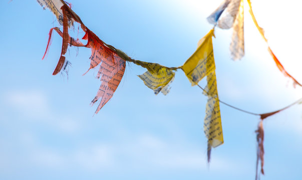 Tibetan prayer flag, blue sky