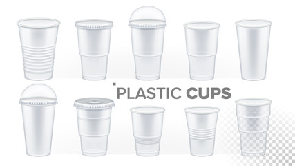 Plastic Cup Transparent Set Vector. Drink Mug. Disposable Tableware Clear Empty Container. Cold Or Hot Takeaway Drink. Isolated 3D Realistic Illustration