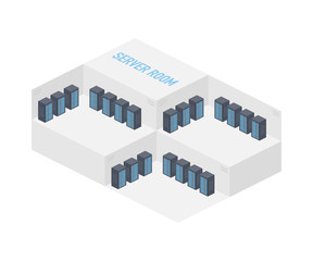 Server room isometric image, information storage and processing room. Vector illustration.