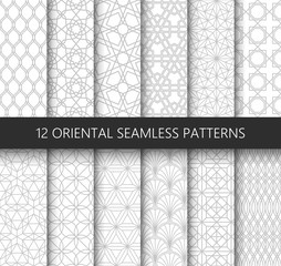 Set of 12 vector ornamental seamless patterns. Collection of geometric patterns in the oriental style. Patterns added to the swatch panel.