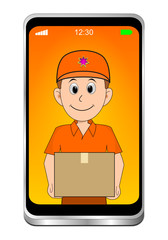 Smartphone with friendly Courier delivering a parcel - 3D illustration