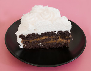 a piece of chocolate cake with white cream on a pink background