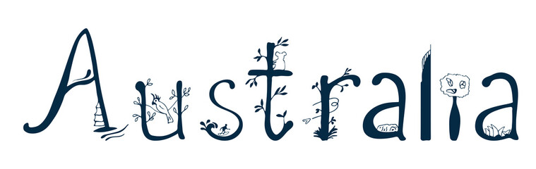 A drawn word of Australia with Australian landmarks and symbols 