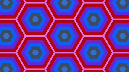 Abstract background of colorful hexagon and different surrounding rings. Abstract hexagon background.