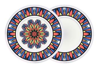 Decorative round plate with mandala from floral elements. Vector illustration. Home decor, interior design. Set of 2 matching decorative plates for interior design.