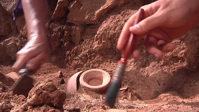 Close-up of archaeologists cleaning dirt from a plot with a brush to reveal ancient pottery in the ground