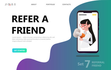 Refer a friend concept, woman people shout on megaphone in smartphone screen, can use for landing page, template, ui, web, mobile app, poster banner or flyer. Digital business - vector illustration 