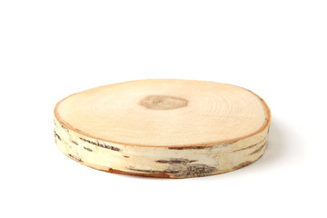 Serving wood tray isolated on white background. Cut birch tree round stump.