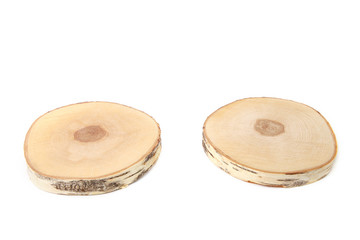Serving wood trays isolated on white background. Cut birch tree round stump.