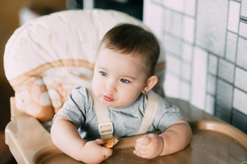Fototapeta premium little girl in a high chair eating cookies