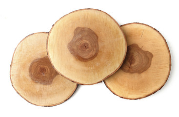 Fototapeta na wymiar Serving wood trays isolated on white background. Cut birch tree round stump.