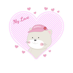 Cute cat with pink heart theme image. My love slogan.