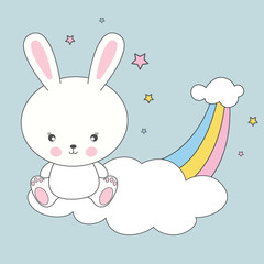 Beautiful cute rabbit sitting on a cloud and dreams of love.