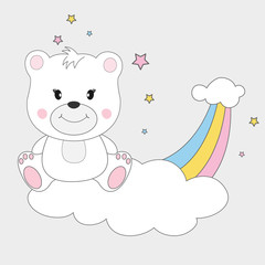 Beautiful cute bear sitting on a cloud and dreams of love.