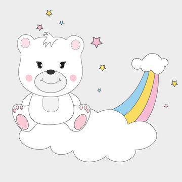 Beautiful cute bear sitting on a cloud and dreams of love.