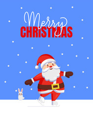 Merry Christmas greeting card with Santa Claus skating. Little bunny sitting on snow and looking at Father Frost. New Year holiday celebration postcard