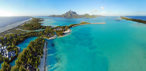 Aerial panoramic landscape view of the island of Bora Bora in French Polynesia with the Mont...