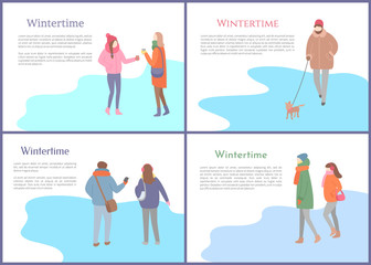Walking crowd of people in wintertime. Men and women going and speaking in warm scarf and jacket and in hat or earmuffs with pet, poster text sample vector