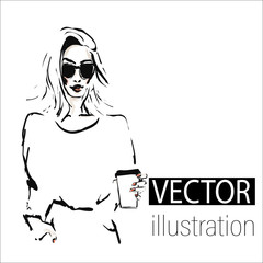 Hand-drawn portrait of young beautiful woman in sunglasses with cup of coffee. Sketch of stylish girl. Vector fashion illustration