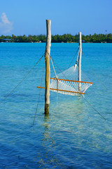 Hammock with a view, planted in the azure waters of the Bora Bora lagoon, French Polynesia - obrazy, fototapety, plakaty