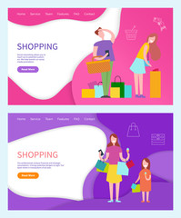 Obraz premium Shopping couple, woman and annoyed man posters set vector. Family of mother and daughter returning home from shops and stores with bags purchases