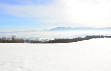 winter landscape with lake and sky